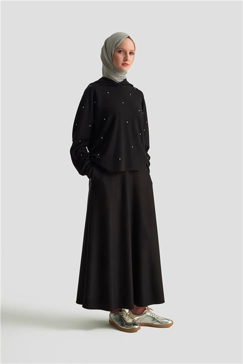 Armine Taşlı Kapüşonlu Sweat 25KD4031 Siyah