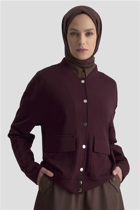 Armine Zımbalı Örme Ceket 25KD4032 Mürdüm