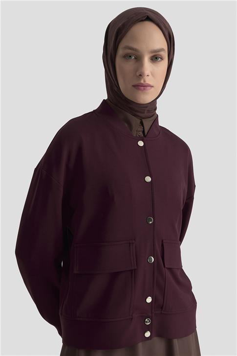 Armine Zımbalı Örme Ceket 25KD4032 Mürdüm
