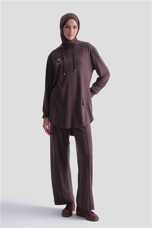 Armine Kapüşonlu Örme Rayon Takım 25KD4386 Kahverengi