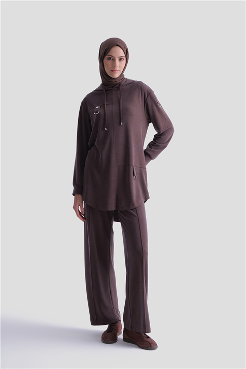 Armine Kapüşonlu Örme Takım 25KD4386 Kahverengi