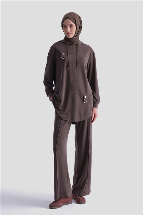 Armine Kapüşonlu Örme Rayon Takım 25KD4386 Kahverengi