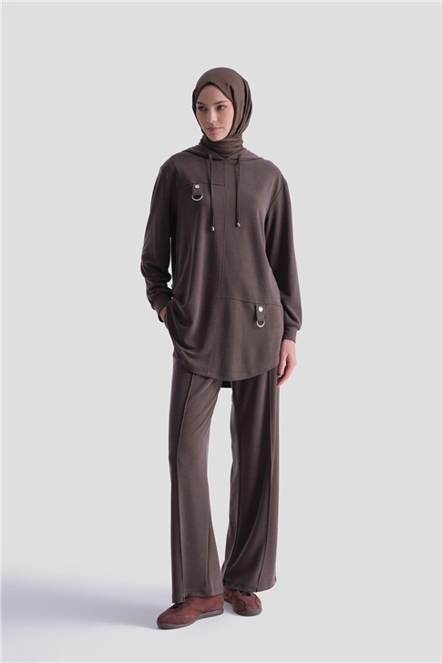 Armine Kapüşonlu Örme Takım 25KD4386 Kahverengi