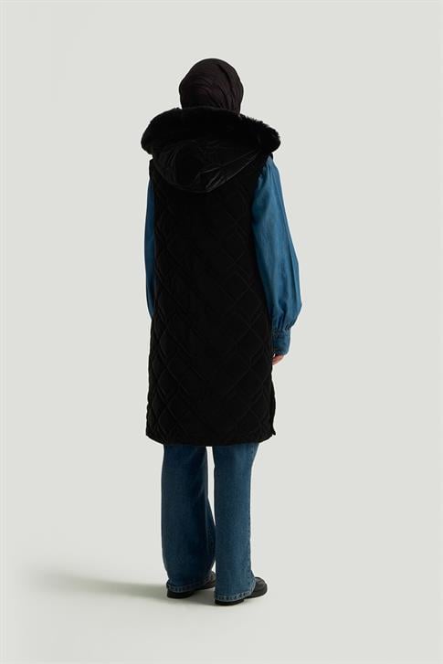 Armine  Trend Kürk Kapüşonlu Kapitone Yelek 25KT505 Siyah