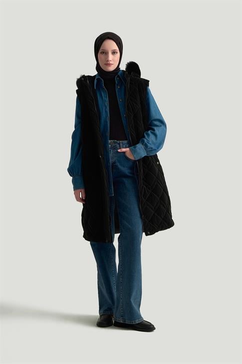 Armine  Trend Kürk Kapüşonlu Kapitone Yelek 25KT505 Siyah