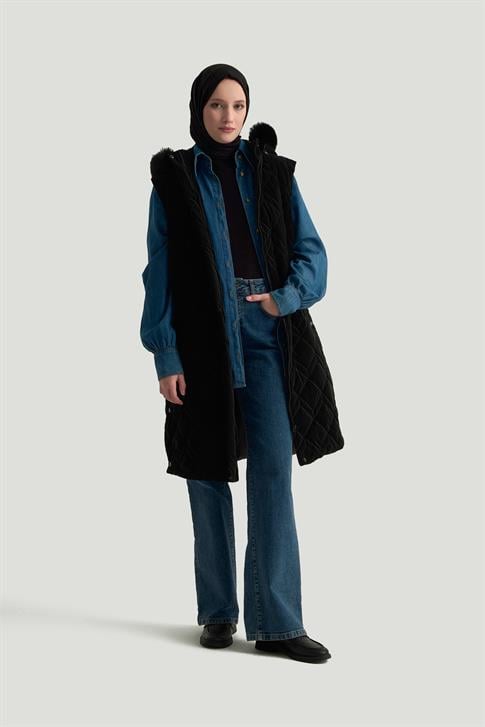 Armine  Trend Kürk Kapüşonlu Kapitone Yelek 25KT505 Siyah