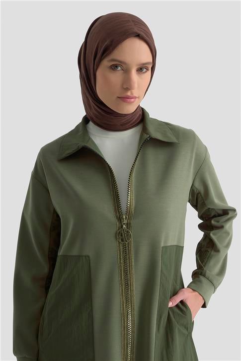 Armine Paraşüt Kumaş Mixli Örme Hırka 25KT5626 Haki