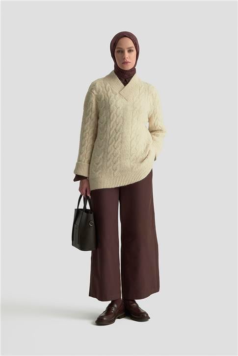 Armine Saç Örgü Desenli Kazak 25KD6002 Bej