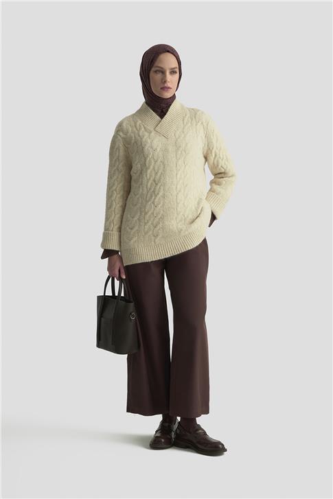 Armine Saç Örgü Desenli Kazak 25KD6002 Bej