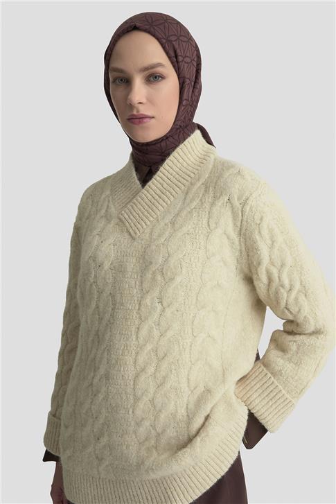 Armine Saç Örgü Desenli Kazak 25KD6002 Bej