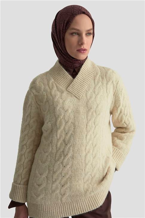 Armine Saç Örgü Desenli Kazak 25KD6002 Bej