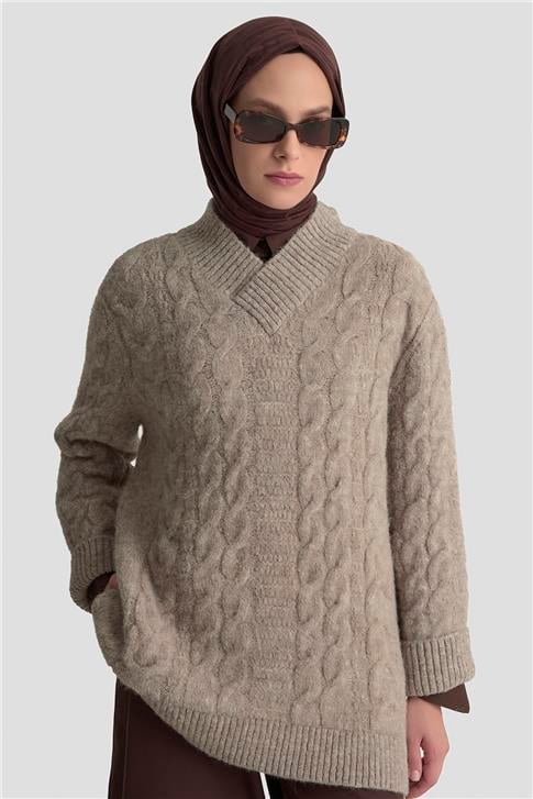 Armine Saç Örgü Desenli Kazak 25KD6002 Ekru