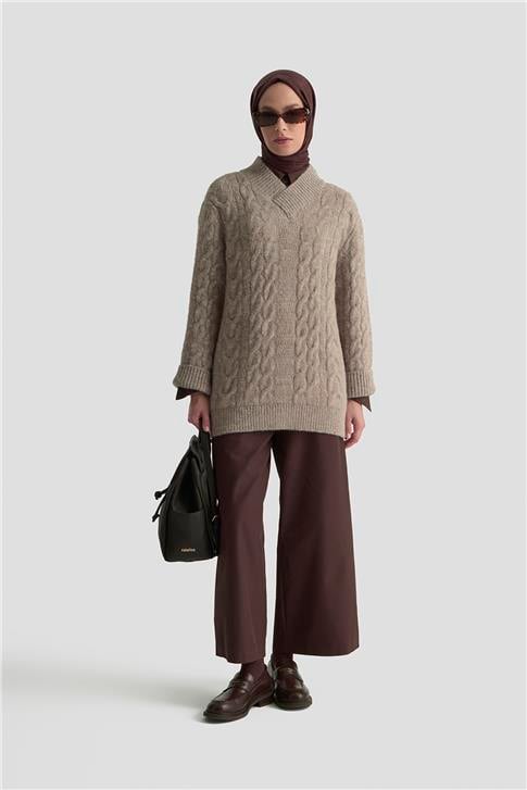 Armine Saç Örgü Desenli Kazak 25KD6002 Ekru