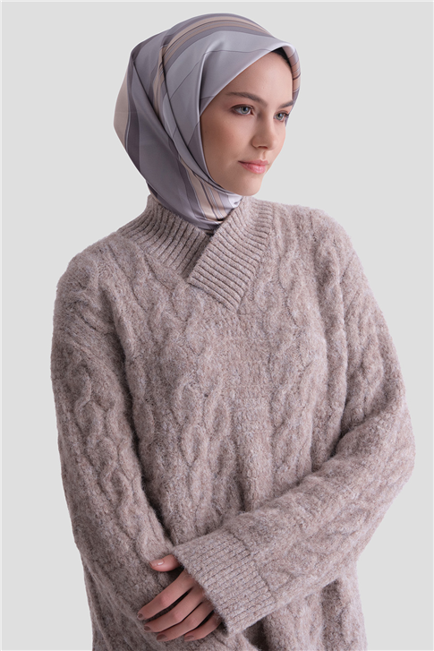 Armine Saç Örgü Desenli Kazak 25KD6002 Ekru - Vizon