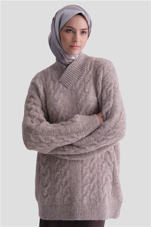 Armine Saç Örgü Desenli Kazak 25KD6002 Ekru - Vizon