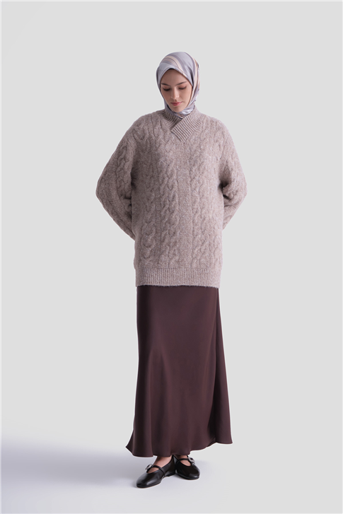 Armine Saç Örgü Desenli Kazak 25KD6002 Ekru - Vizon