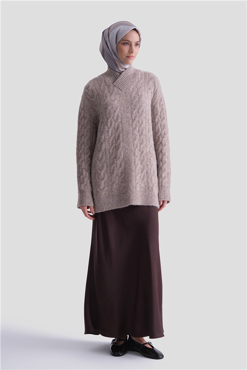 Armine Saç Örgü Desenli Kazak 25KD6002 Ekru - Vizon