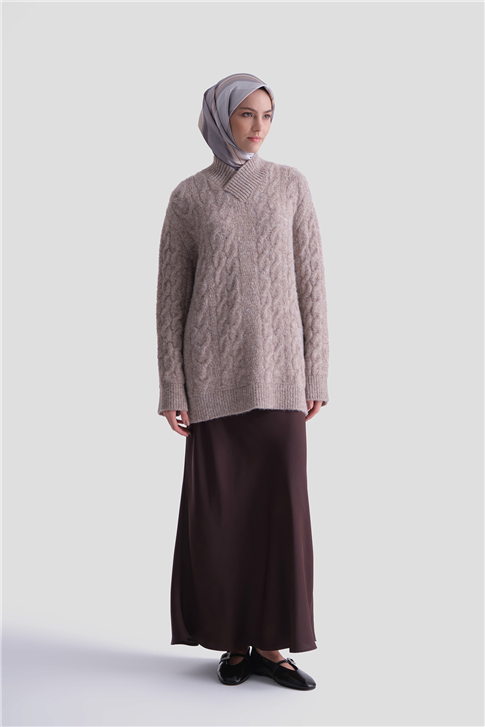 Armine Saç Örgü Desenli Kazak 25KD6002 Ekru - Vizon