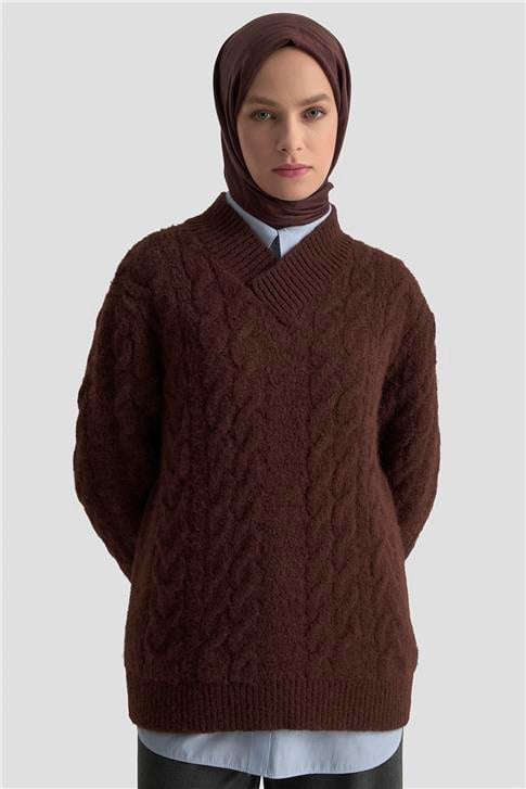 Armine Saç Örgü Desenli Kazak 25KD6002 Kızıl Kahve