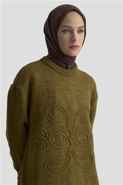 Armine İşleme Detaylı Kazak 25KD6003 Koyu Haki