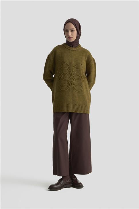 Armine İşleme Detaylı Kazak 25KD6003 Koyu Haki