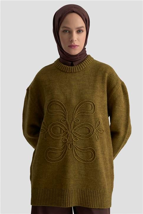 Armine İşleme Detaylı Kazak 25KD6003 Koyu Haki