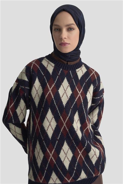 Armine Baklava Desenli Kazak 25KD6004 Lacivert