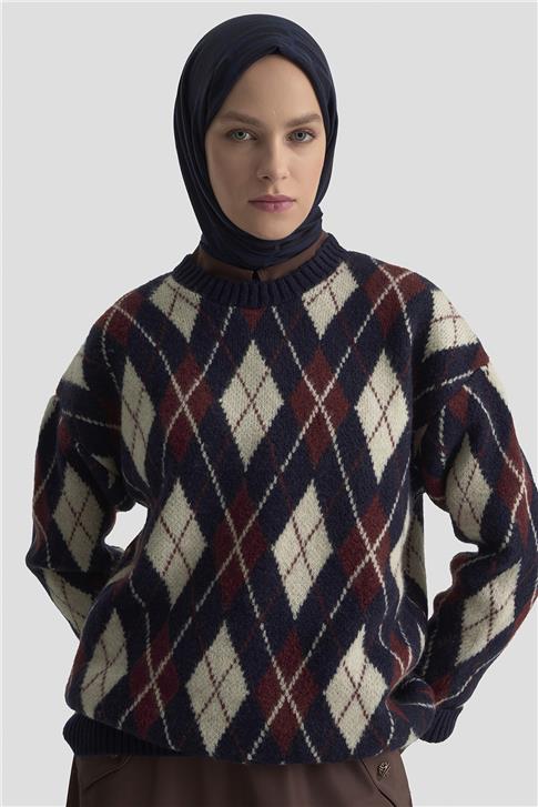 Armine Baklava Desenli Kazak 25KD6004 Lacivert