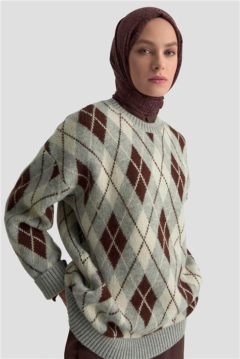 Armine Baklava Desenli Kazak 25KD6004 Gri