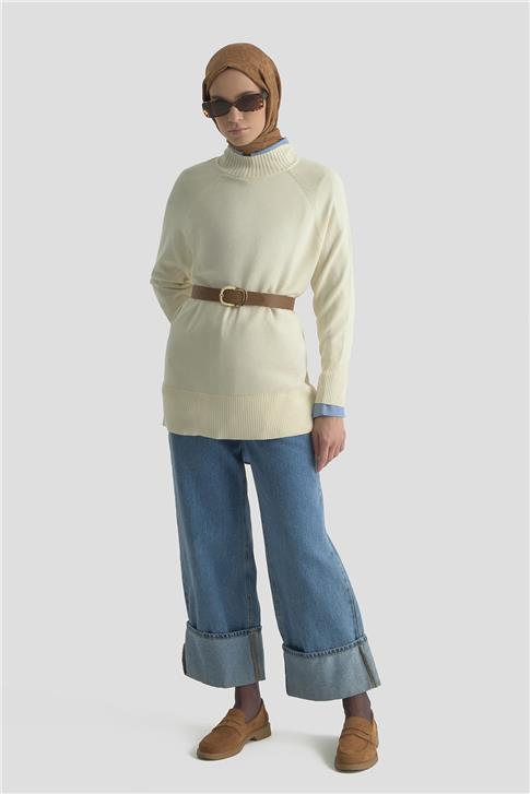 Armine Düğmeli Basic Oversize Kazak 25KD6016 Ekru