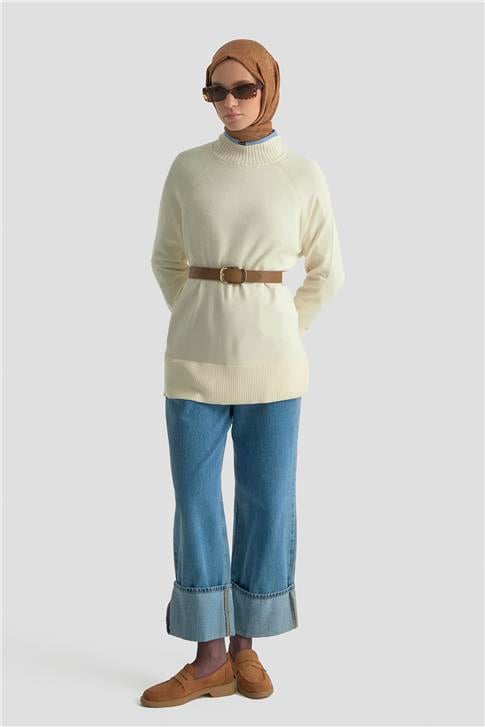 Armine Düğmeli Basic Oversize Kazak 25KD6016 Ekru