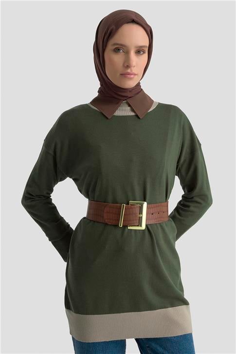 Armine Color Block Triko Tunik 25KD6018 Haki