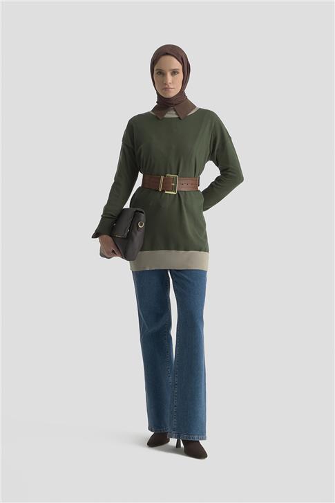 Armine Color Block Triko Tunik 25KD6018 Haki