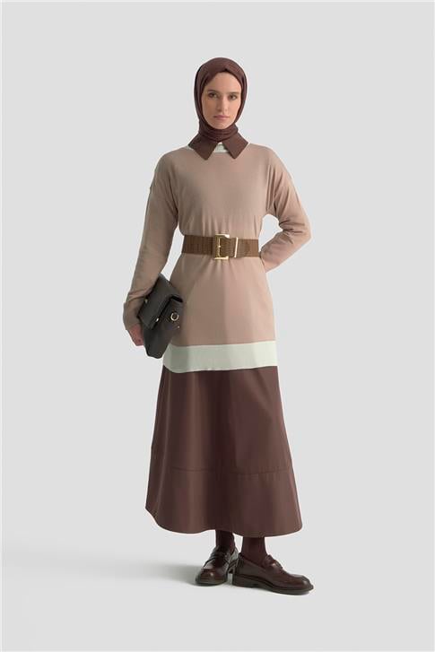 Armine Color Block Triko Tunik 25KD6018 Vizon