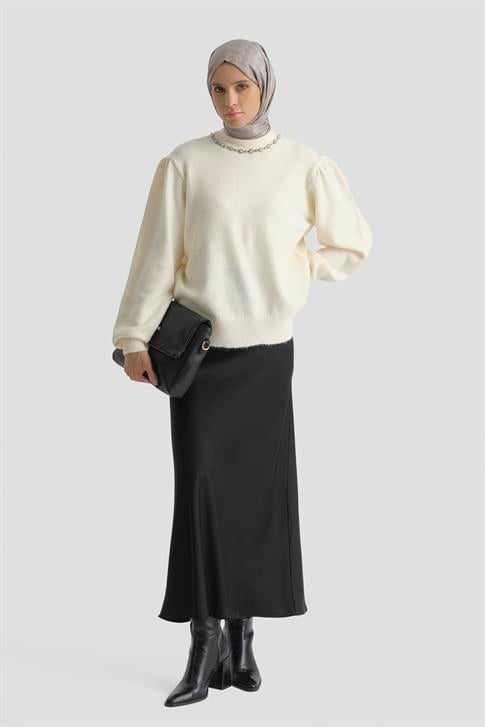 Armine Yakası İnci Detaylı Kazak 25KD6008 Ekru