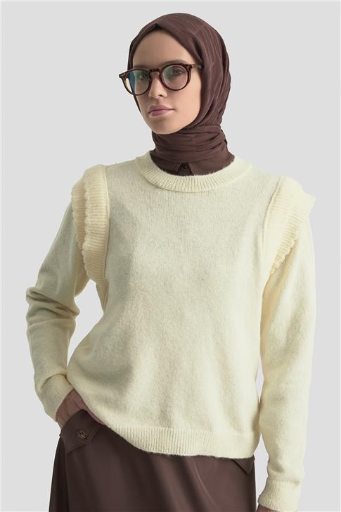 Armine Kolları Fırfırlı Kazak 25KD6012 Ekru