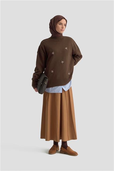 Armine Nakışlı Oversize Kazak 25KD6015 Acı Kahve