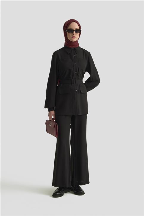 Armine Gömlek Yaka Önden Cepli Takım 25K6117 Siyah