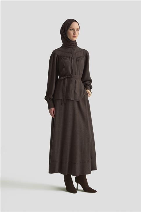 Armine Dantel Şeritli Etekli Takım 25K6134 Acı Kahve