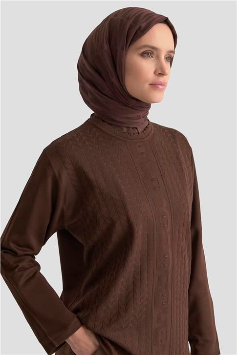 Armine Örgü Desenli Kazak 25KD7004 Kahverengi