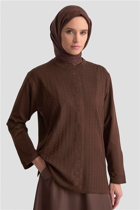 Armine Örgü Desenli Kazak 25KD7004 Kahverengi