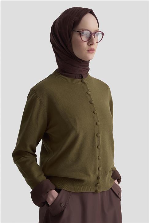 Armine Düğme Detaylı Basic Hırka 25KD7012 Haki