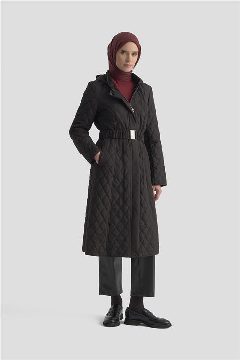 Armine Kemerli Kapitone Kaban 25KT706 Siyah