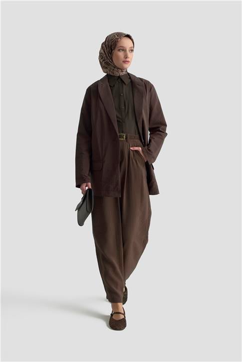 Armine Beli Lastikli Pileli Pantolon 25KD9005 Kahverengi