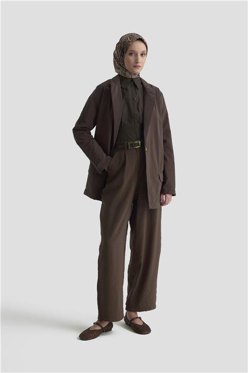 Armine Beli Lastikli Pileli Pantolon 25KD9005 Kahverengi