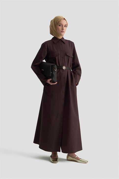 Armine Pens Detaylı Pamuk Elbise 25K9009 Kahverengi