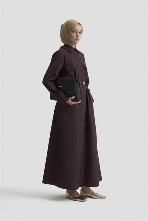 Armine Pens Detaylı Pamuk Elbise 25K9009 Kahverengi