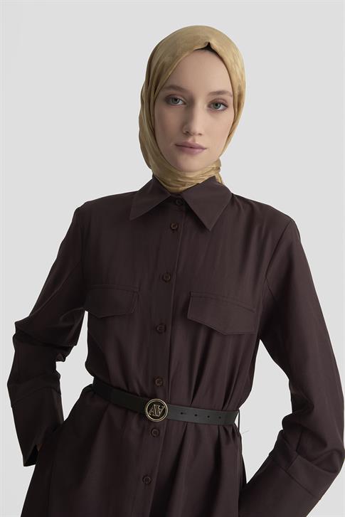 Armine Pens Detaylı Pamuk Elbise 25K9009 Kahverengi