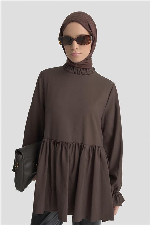 Armine Fırfırlı Balon Kollu Tunik 25KD9018 Acı Kahve