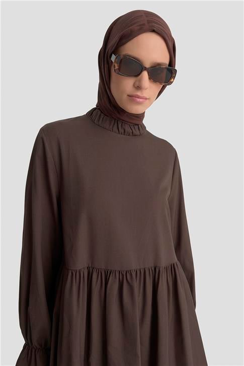 Armine Fırfırlı Balon Kollu Tunik 25KD9018 Acı Kahve